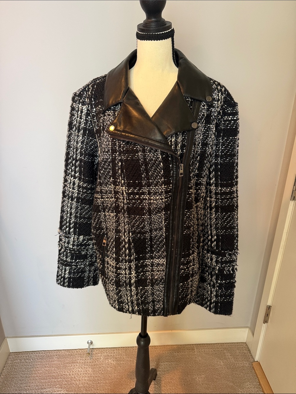 Chico's Black & White Tweed Moto Jacket with Faux Leather Trim